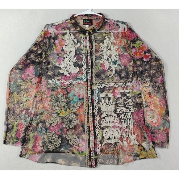 Johnny Was Tops - Biya Johnny Was Blouse Womens Medium Multicolor Sheer Embroidered Floral Boho
